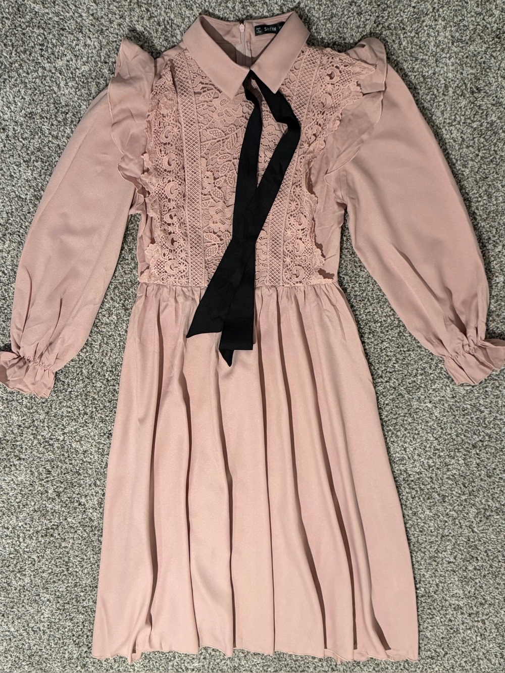Blush Dusty Pink Lace Front Dress with Black Neck Tie